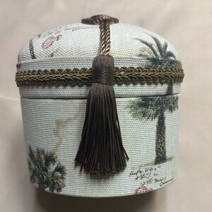 Vintage Tapestry Covered Oval Trinket‎ Jewelry Sewing Box Palm Trees Tassle